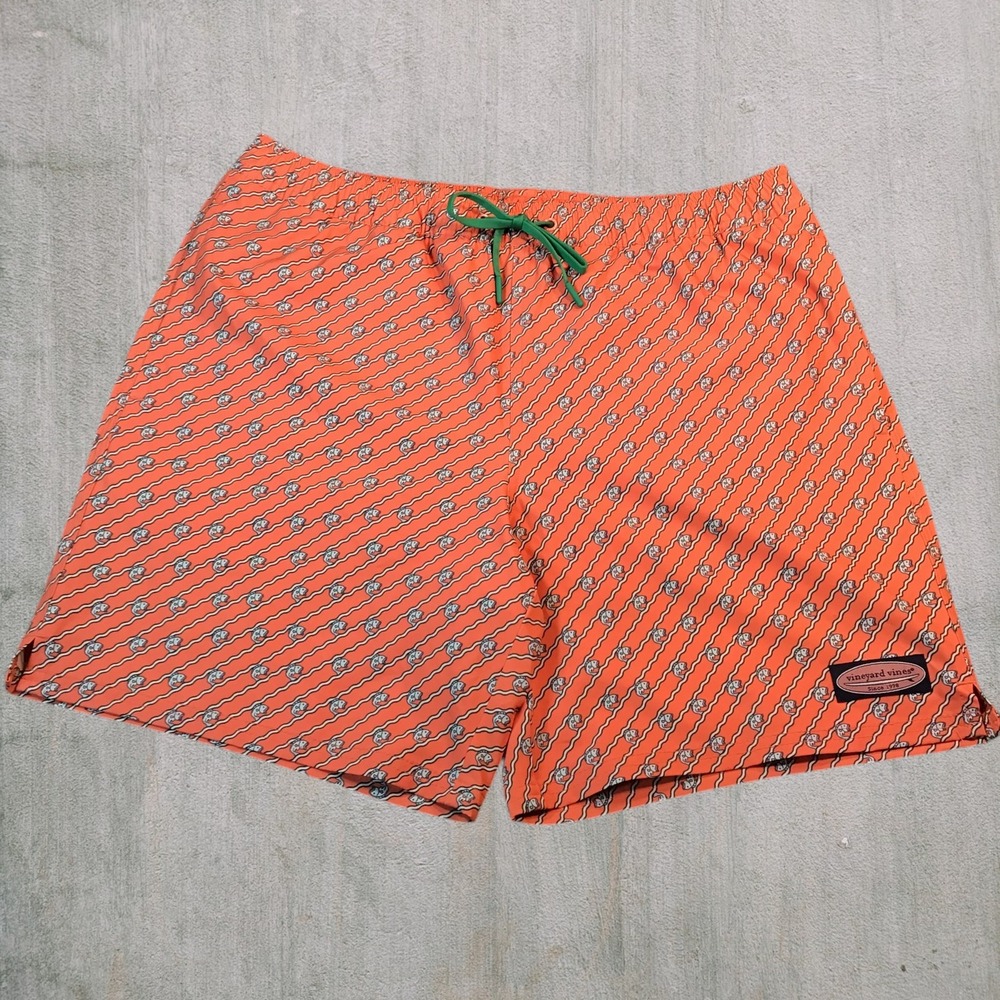 Vineyard Vines Mens Orange Fish Print Chappy Swim Trunks Size M Stretch Vacation